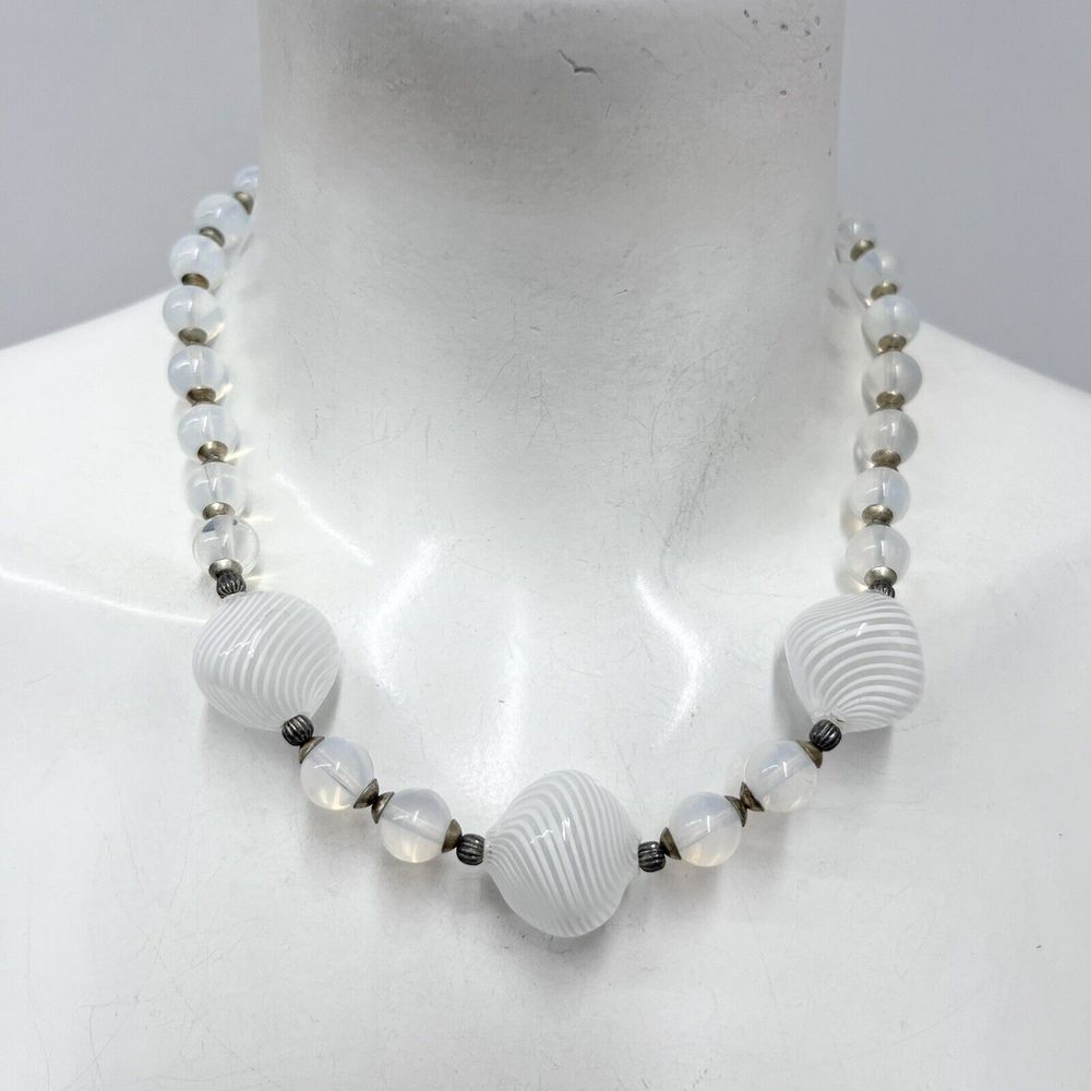 Vintage Opalite Glass Bead & Striped Glass Necklace‎ Art To Wear 18" Long